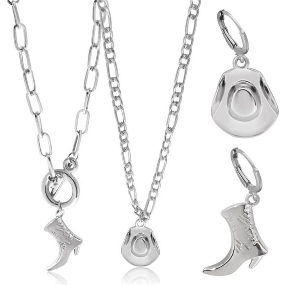 Cowgirl Chic Western Necklace Earrings Jewelry Set For Women Chunky silver
